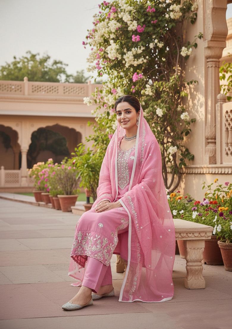 Pink Embroidered Cotton Kurta Set - Indya