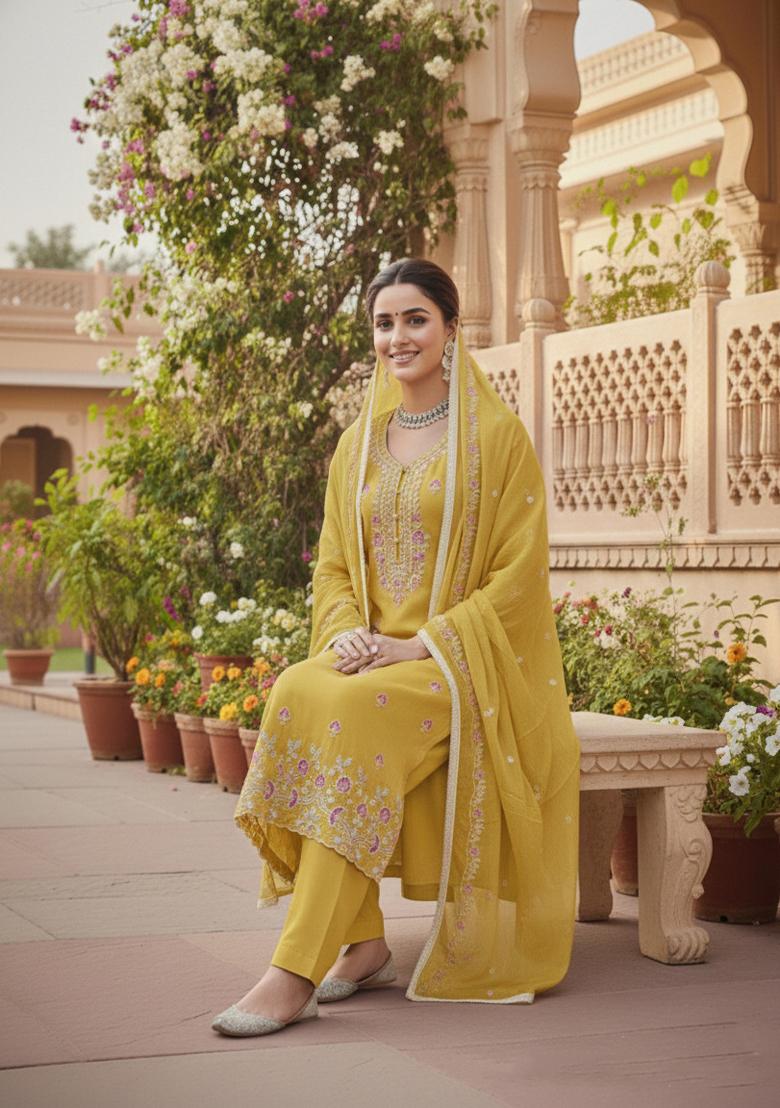 Yellow Embroidered Cotton Kurta Set - Indya