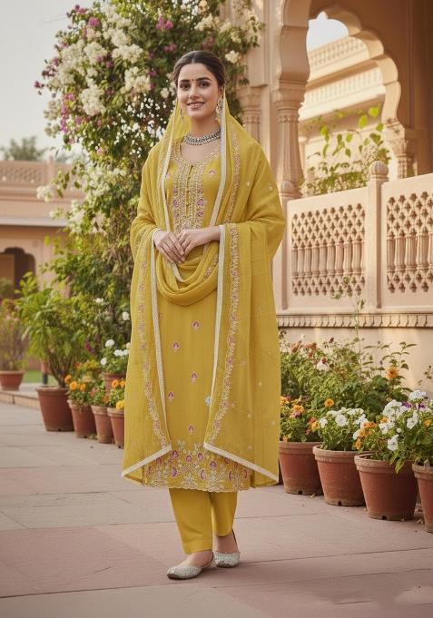 Yellow Embroidered Cotton Kurta Set