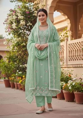 Pista Embroidered Cotton Kurta Set