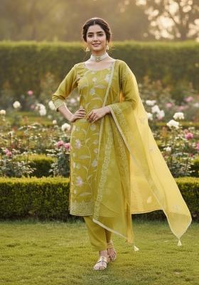 Yellow Embroidered Cotton Kurta Set