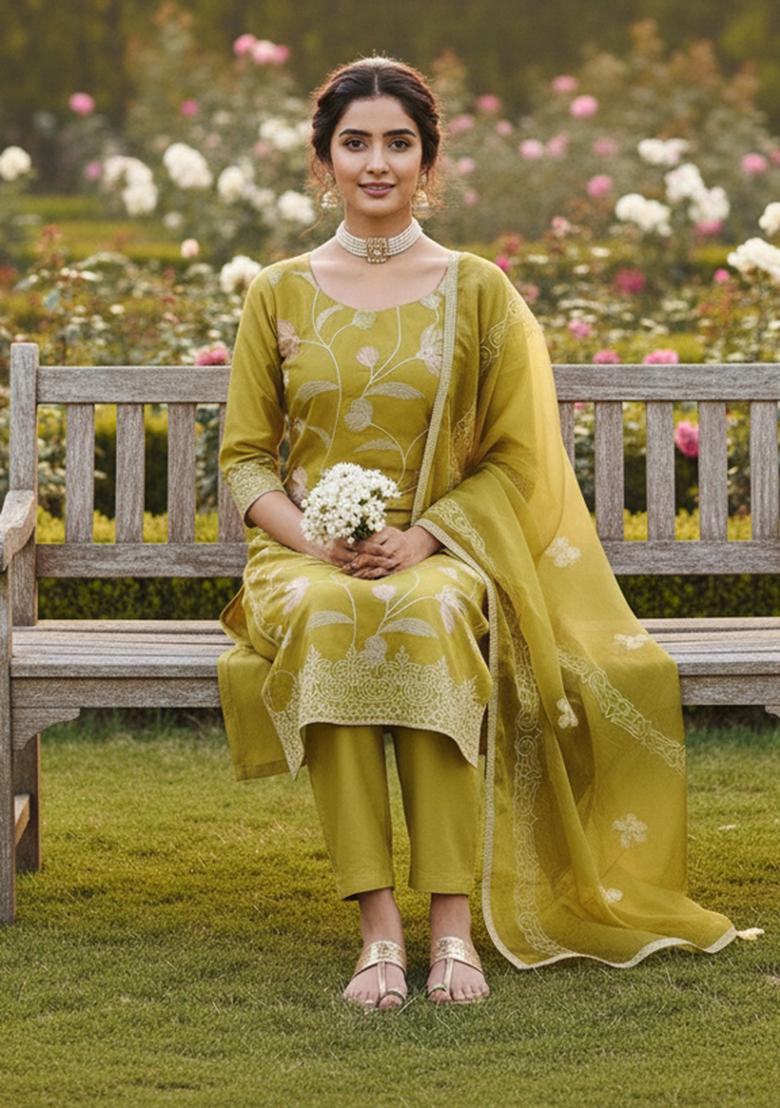 Yellow Embroidered Cotton Kurta Set - Indya
