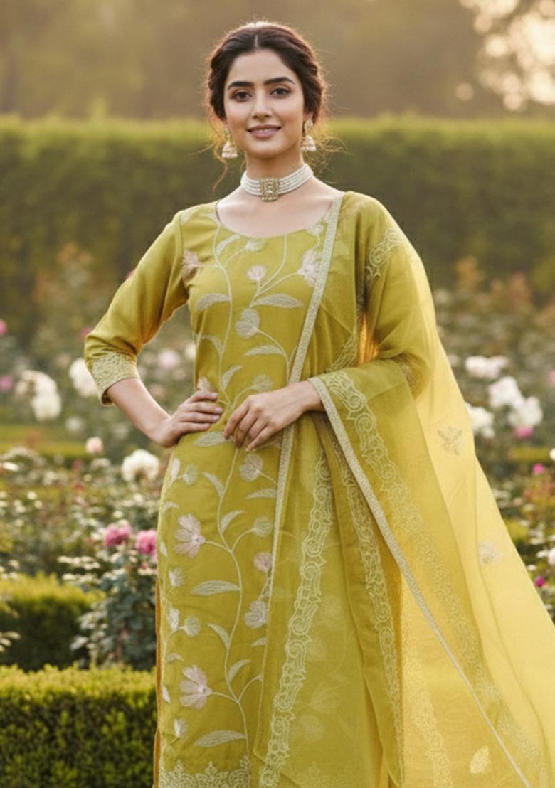 Green Embroidered Cotton Kurta Set - Indya