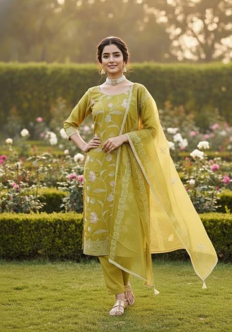 Green Embroidered Cotton Kurta Set