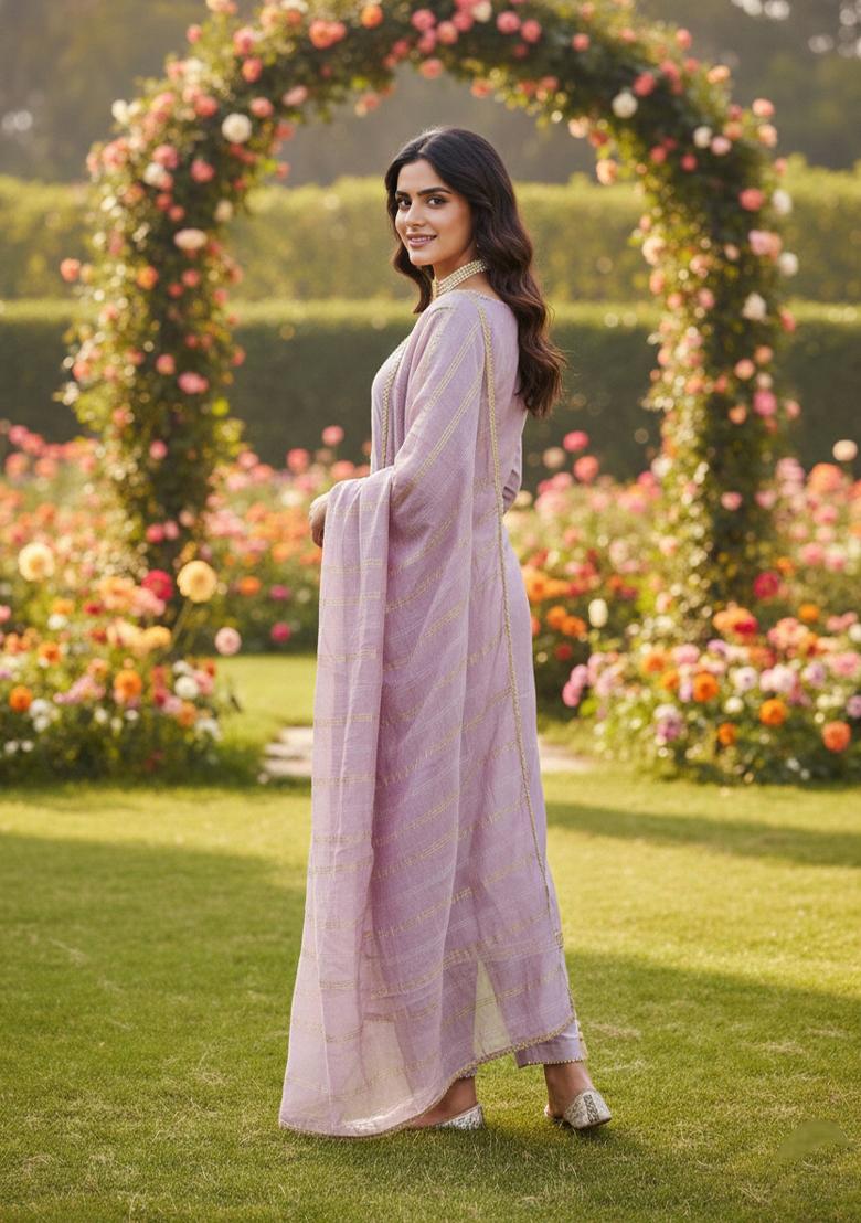 Lavender Embroidered Chanderi Kurta Set - Indya