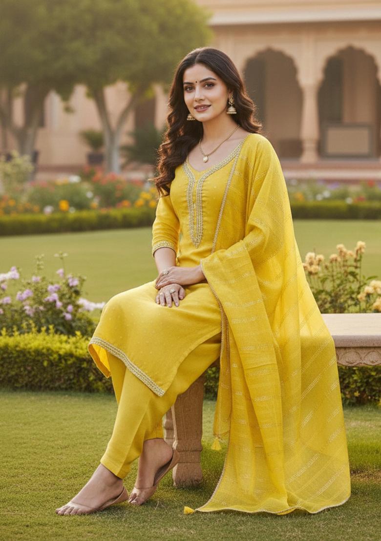 Yellow Embroidered Chanderi Kurta Set - Indya