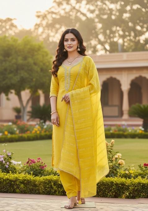 Yellow Embroidered Chanderi Kurta Set