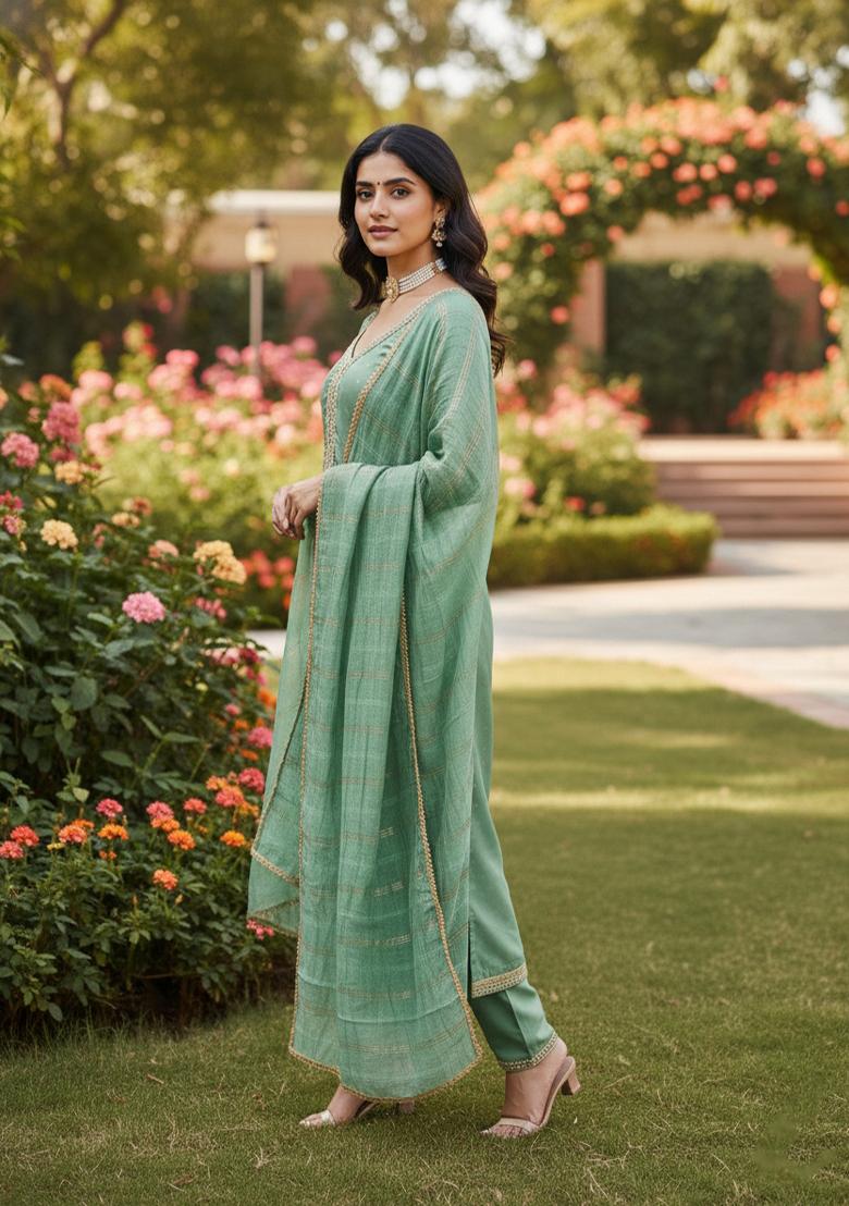 Green Embroidered Chanderi Kurta Set - Indya