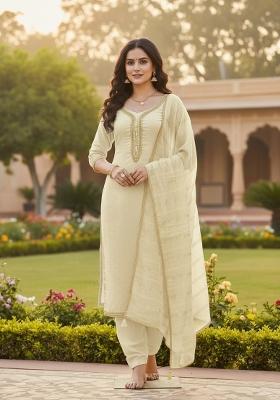 Cream Embroidered Chanderi Kurta Set