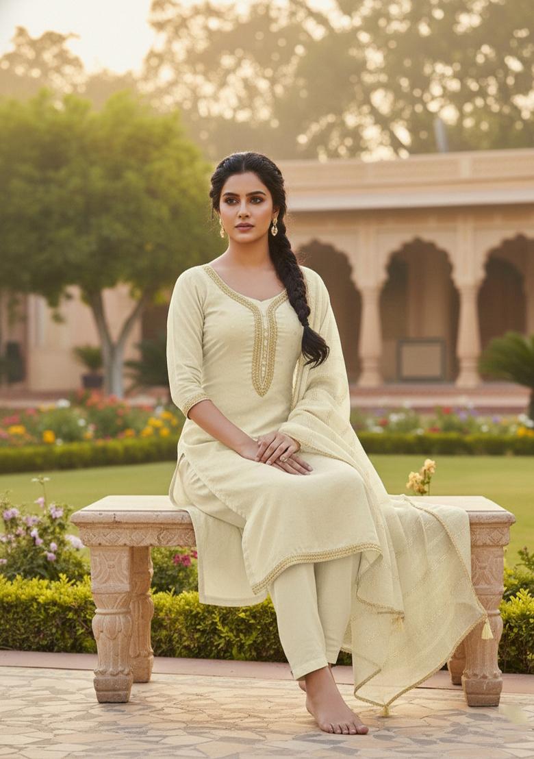 Cream Embroidered Chanderi Kurta Set - Indya