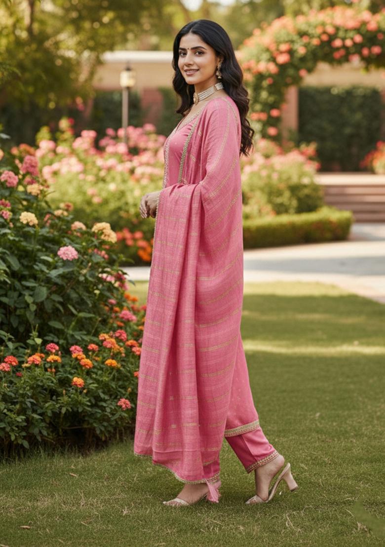 Pink Embroidered Chanderi Kurta Set - Indya