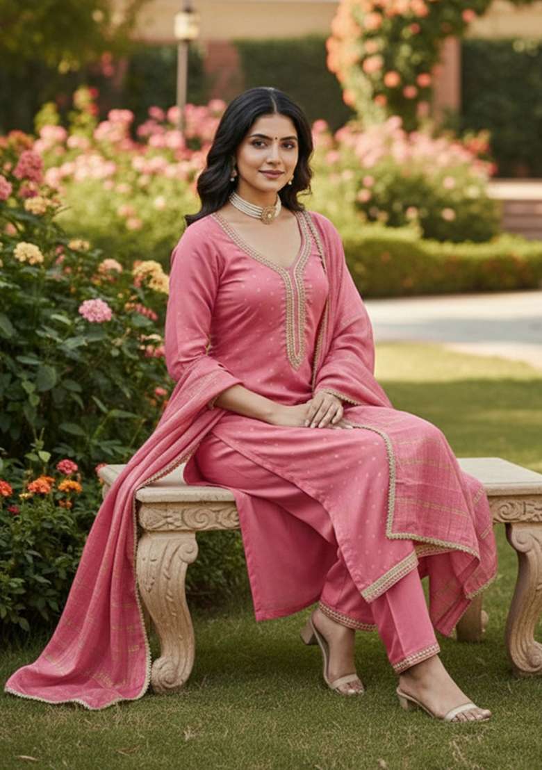 Pink Embroidered Chanderi Kurta Set - Indya