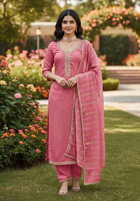 Pink Embroidered Chanderi Kurta Set