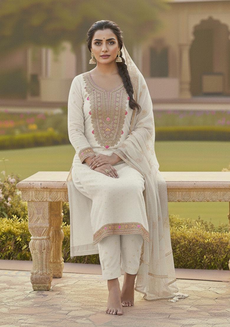 White Embroidered Chanderi Kurta Set - Indya