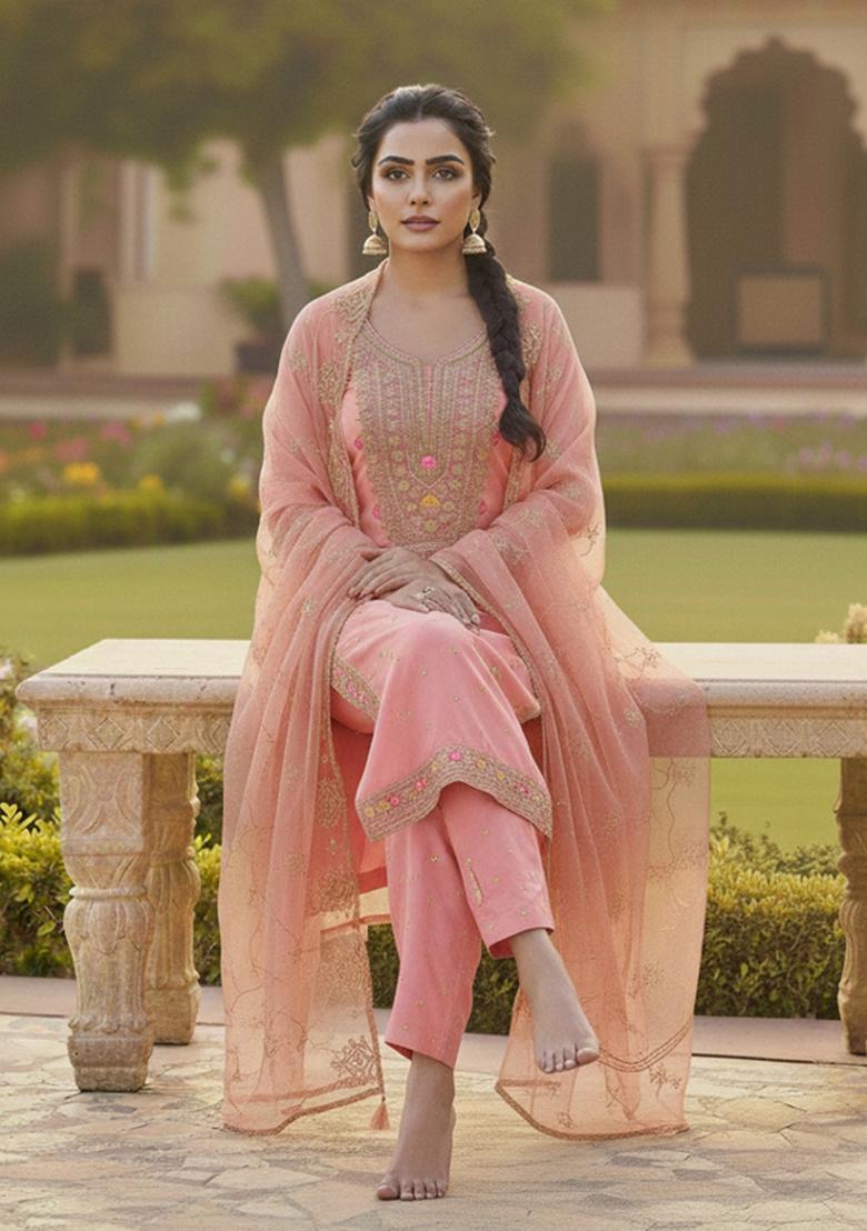 Pink Embroidered Chanderi Kurta Set - Indya