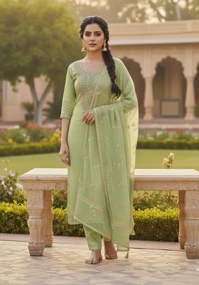 Pista Embroidered Chanderi Kurta Set