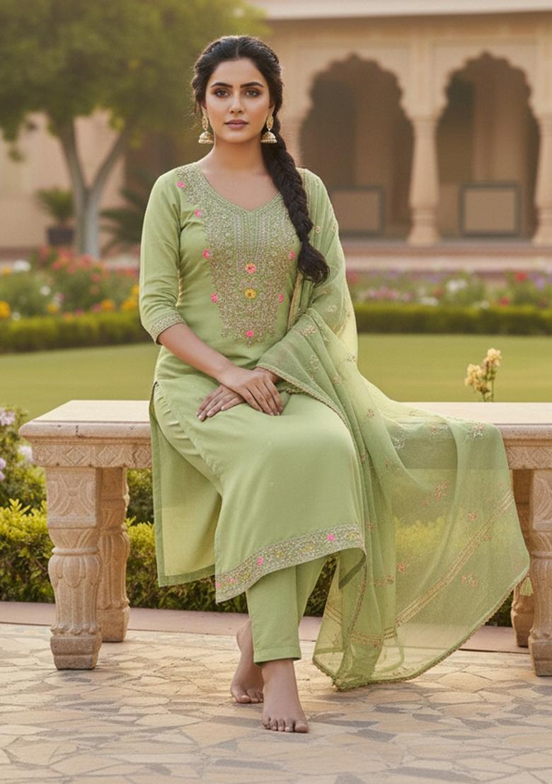 Pista Embroidered Chanderi Kurta Set - Indya