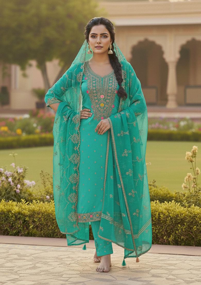 Rama Embroidered Chanderi Kurta Set - Indya