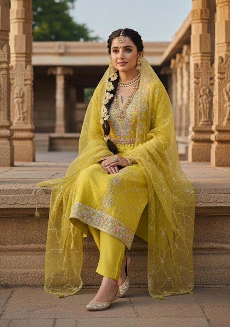 Yellow Embroidered Chanderi Kurta Set - Indya