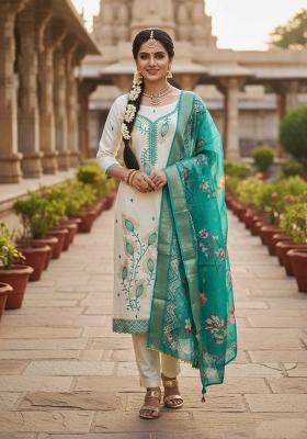 White And Rama Embroidered Silk Blend Kurta Set