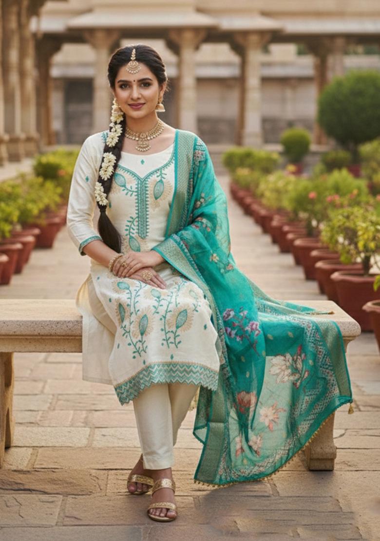 White And Rama Embroidered Silk Blend Kurta Set - Indya