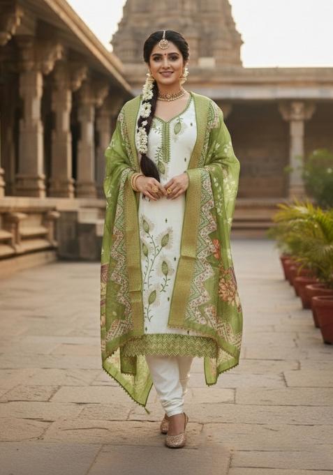 White And Green Embroidered Silk Kurta Set