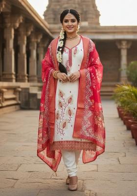 White And Red Embroidered Silk Blend Kurta Set