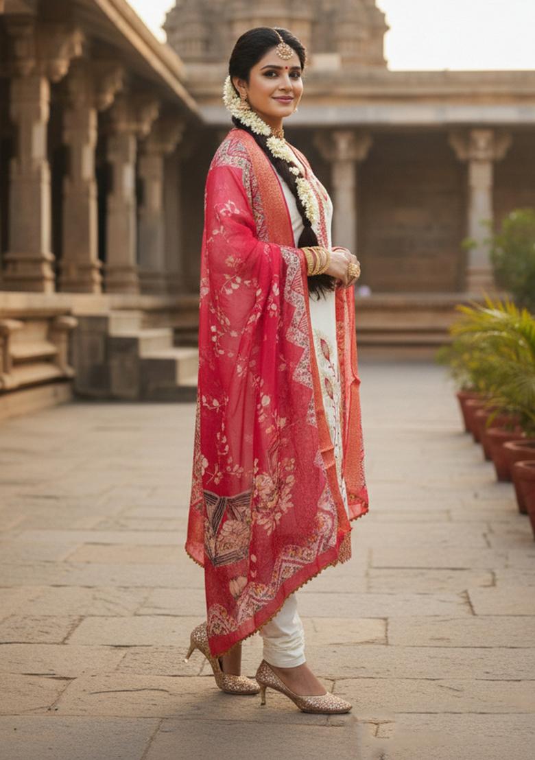White And Red Embroidered Silk Blend Kurta Set - Indya