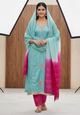 Sky Blue Embroidered Silk Blend Kurta Set