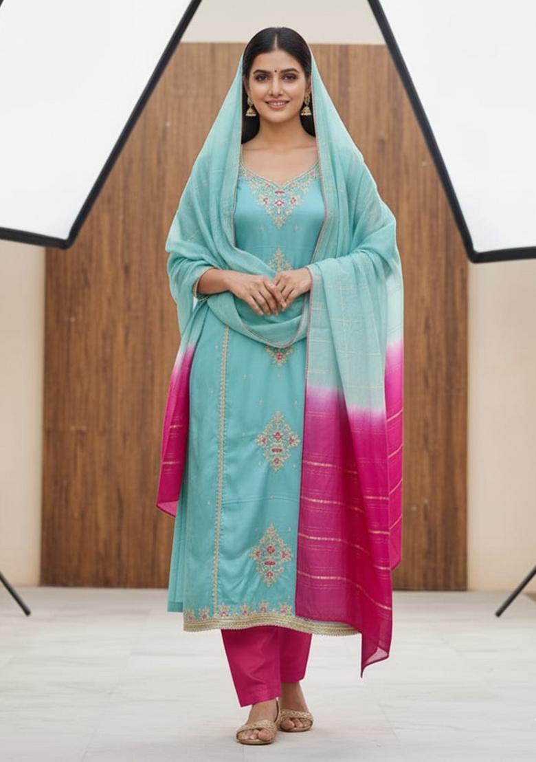 Sky Blue Embroidered Silk Blend Kurta Set - Indya