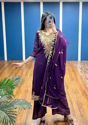 Purple Zari Work Georgette Kurta Set