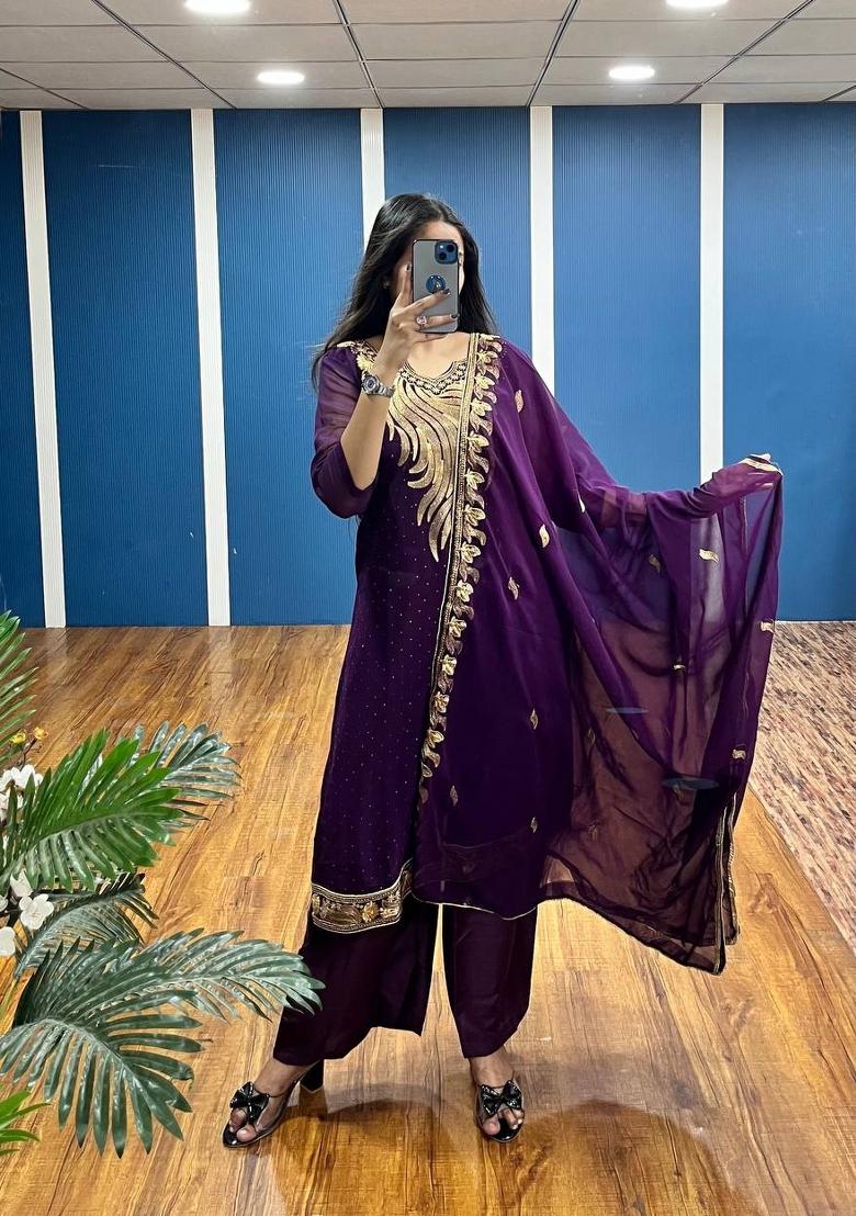 Purple Zari Work Georgette Kurta Set - Indya
