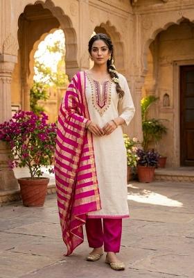White And Pink Embroidered Cotton Kurta Set
