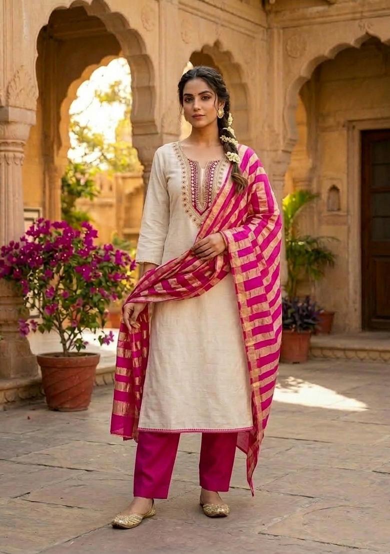White And Pink Embroidered Cotton Kurta Set - Indya