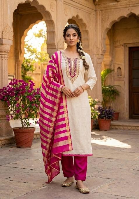 White And Pink Embroidered Cotton Kurta Set