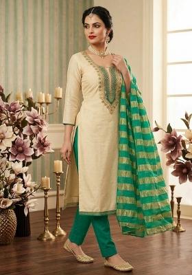 Green And Cream Embroidered Cotton Kurta Set