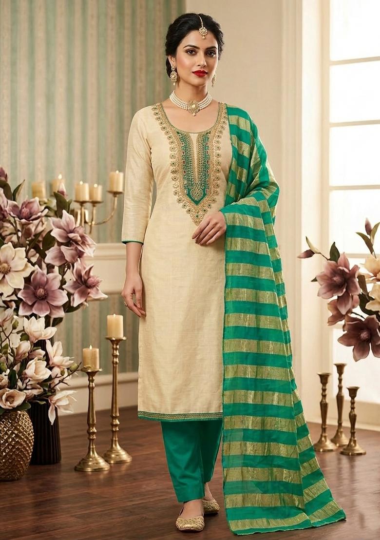 Green And Cream Embroidered Cotton Kurta Set - Indya