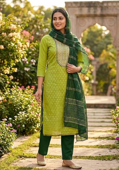 Green Embroidered Jacquard Kurta Set