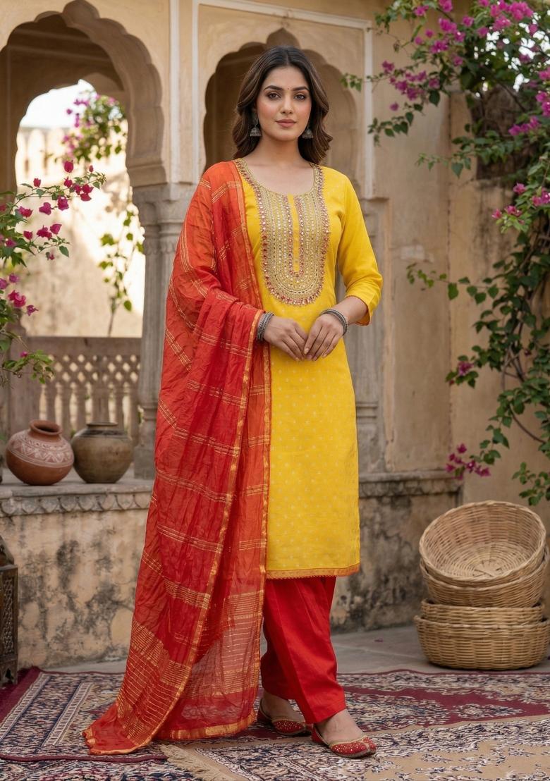 Yellow Embroidered Jacquard Kurta Set - Indya