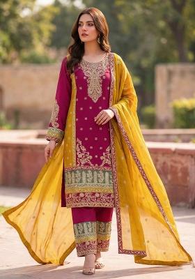 Rani Pink Sequins Work Silk Blend Salwar Kameez