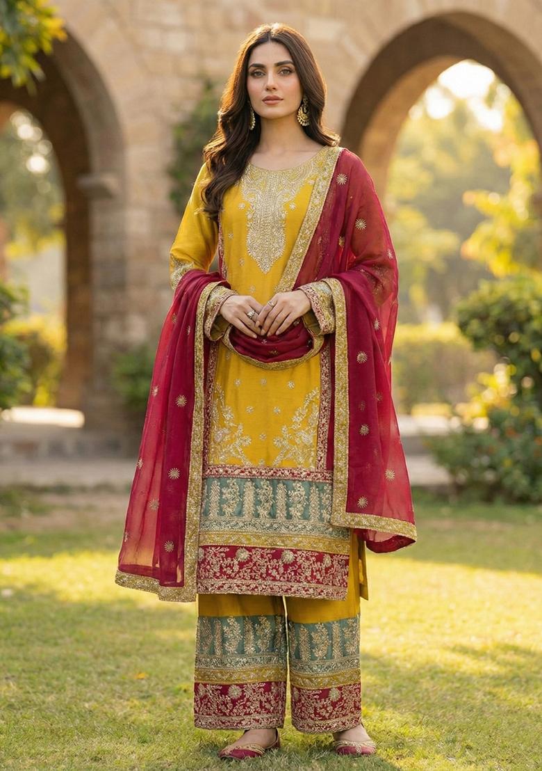 Yellow Sequins Work Silk Blend Salwar Kameez - Indya