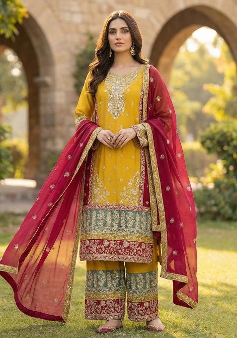 Yellow Sequins Work Silk Blend Salwar Kameez