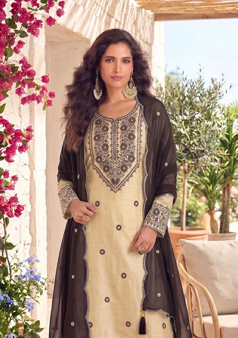 White Patch Work Santoon Salwar Kameez - Indya