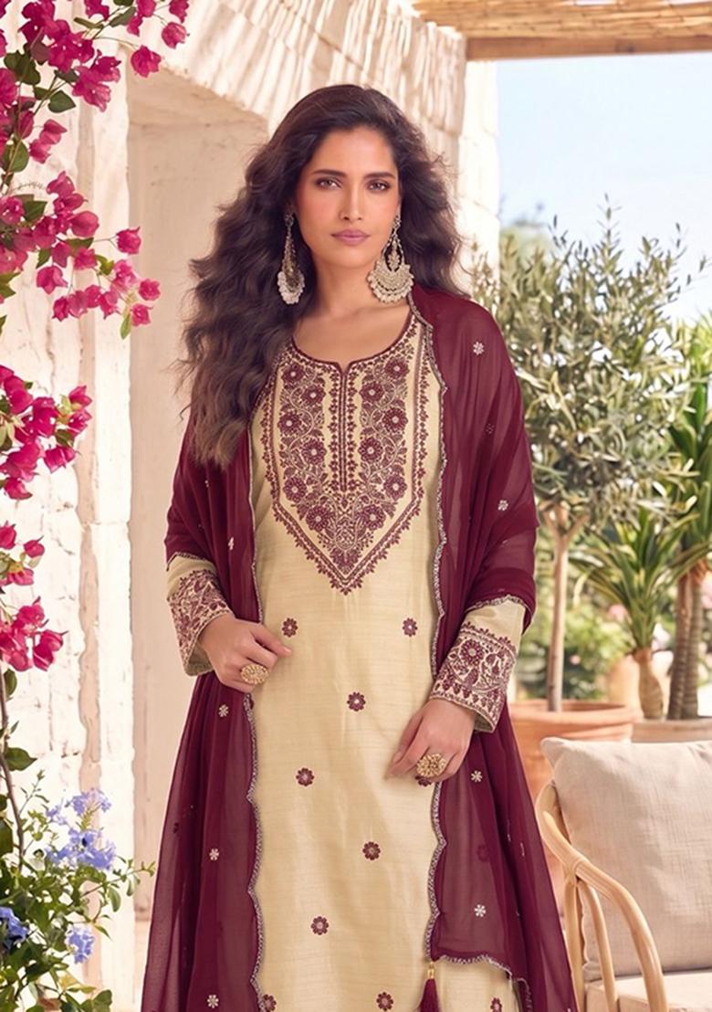 White Patch Work Santoon Salwar Kameez - Indya