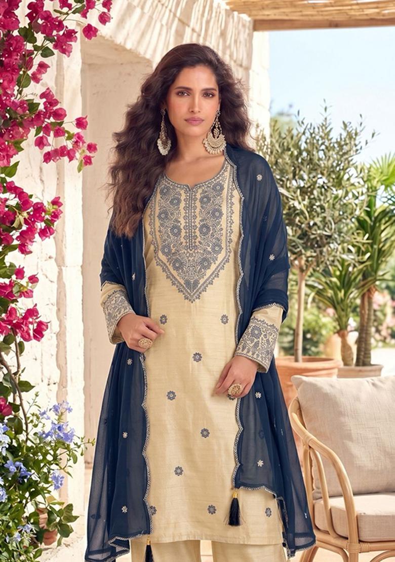 White Patch Work Santoon Salwar Kameez - Indya