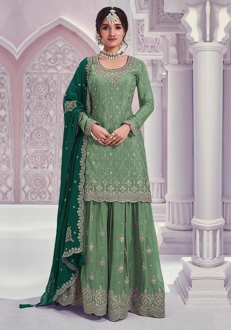 Green Sequins Work Silk Salwar Kameez