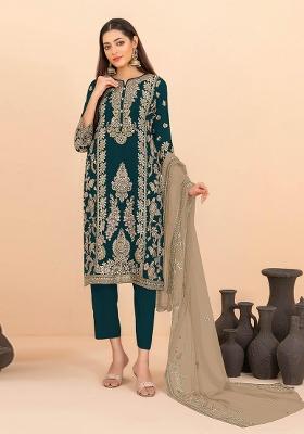 Teal Blue Sequins Work Silk Blend Salwar Kameez