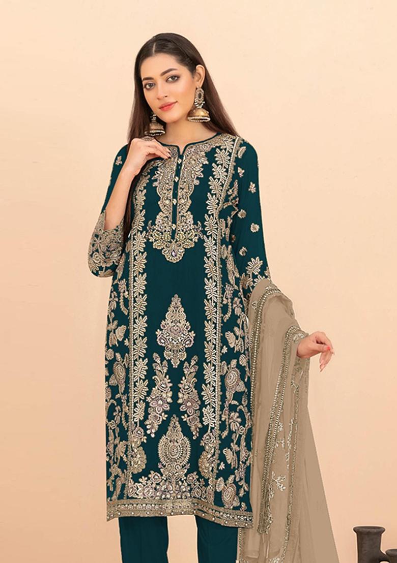 Teal Blue Sequins Work Silk Blend Salwar Kameez - Indya