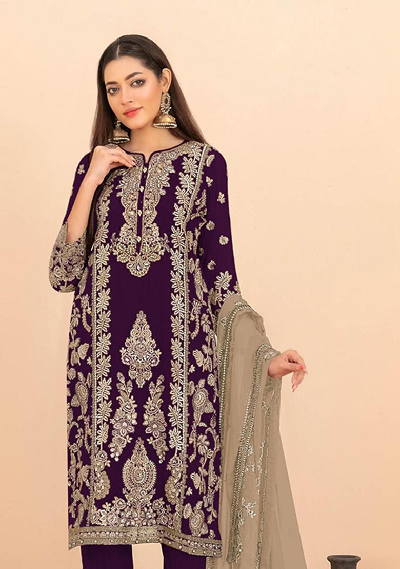 Purple Sequins Work Silk Blend Salwar Kameez - Indya