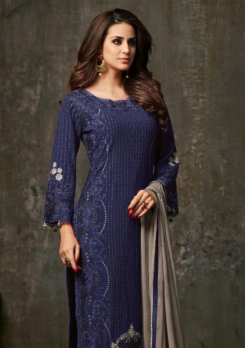 Blue Embroidered Georgette Salwar Kameez - Indya